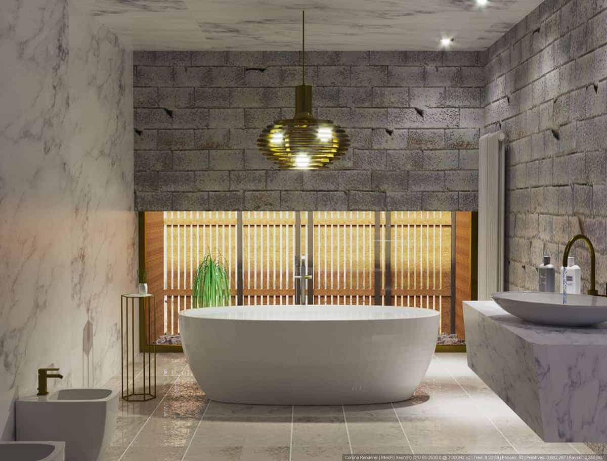 master bathroom ceiling design with bathtub and statement light