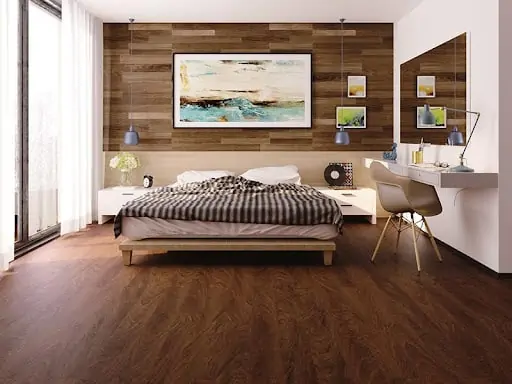 brown colored vinyl tile plank flooring by REHAU