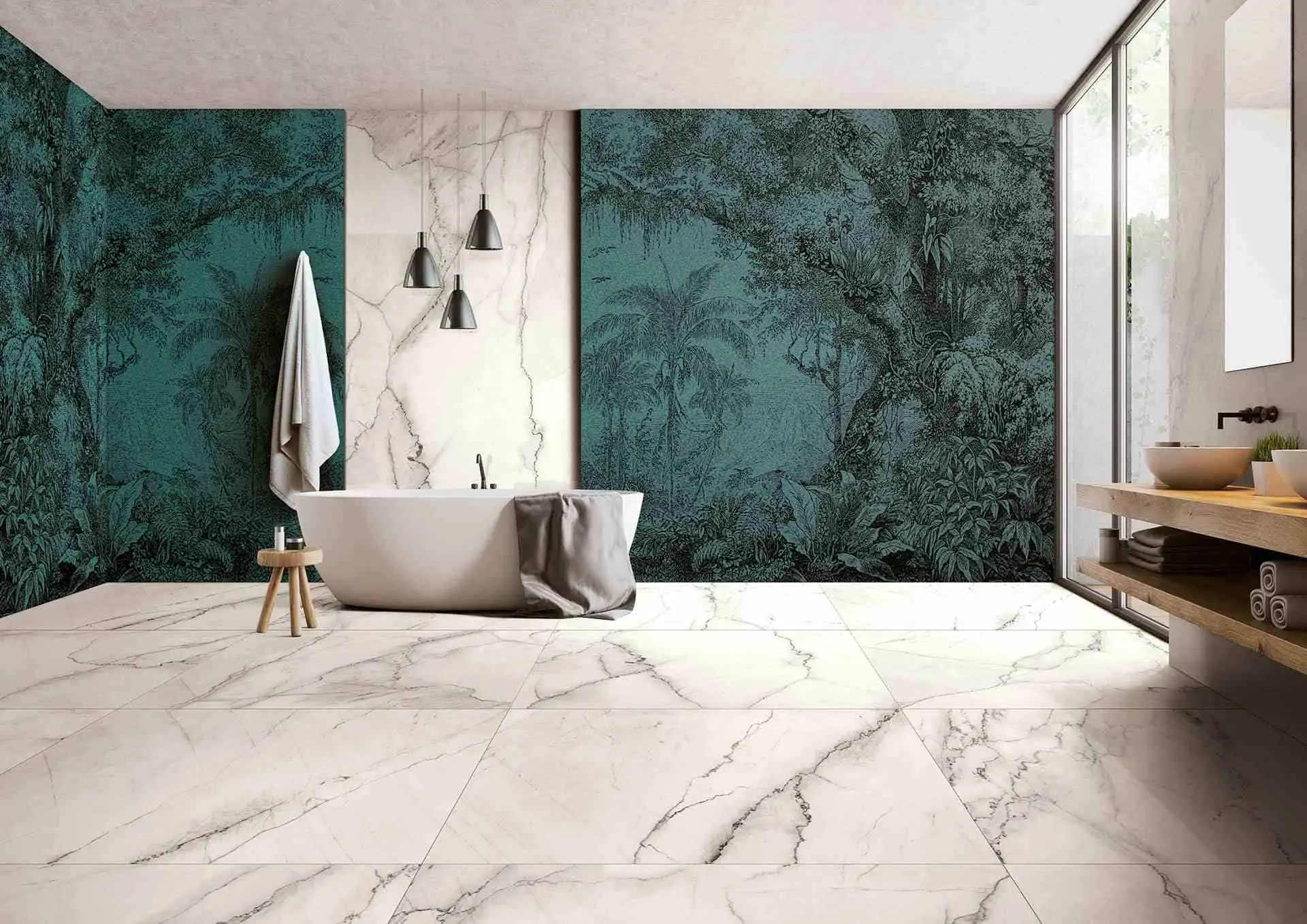 Minimal white floor tiles with green statement wall