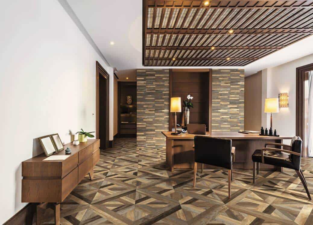 wood-look ceramic tiles on the floor and back wall