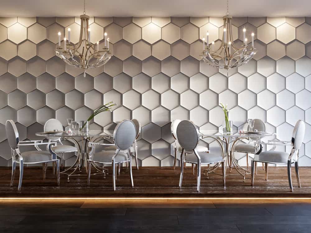 Statement-making 3D wall tiles design to complement the hardwood flooring