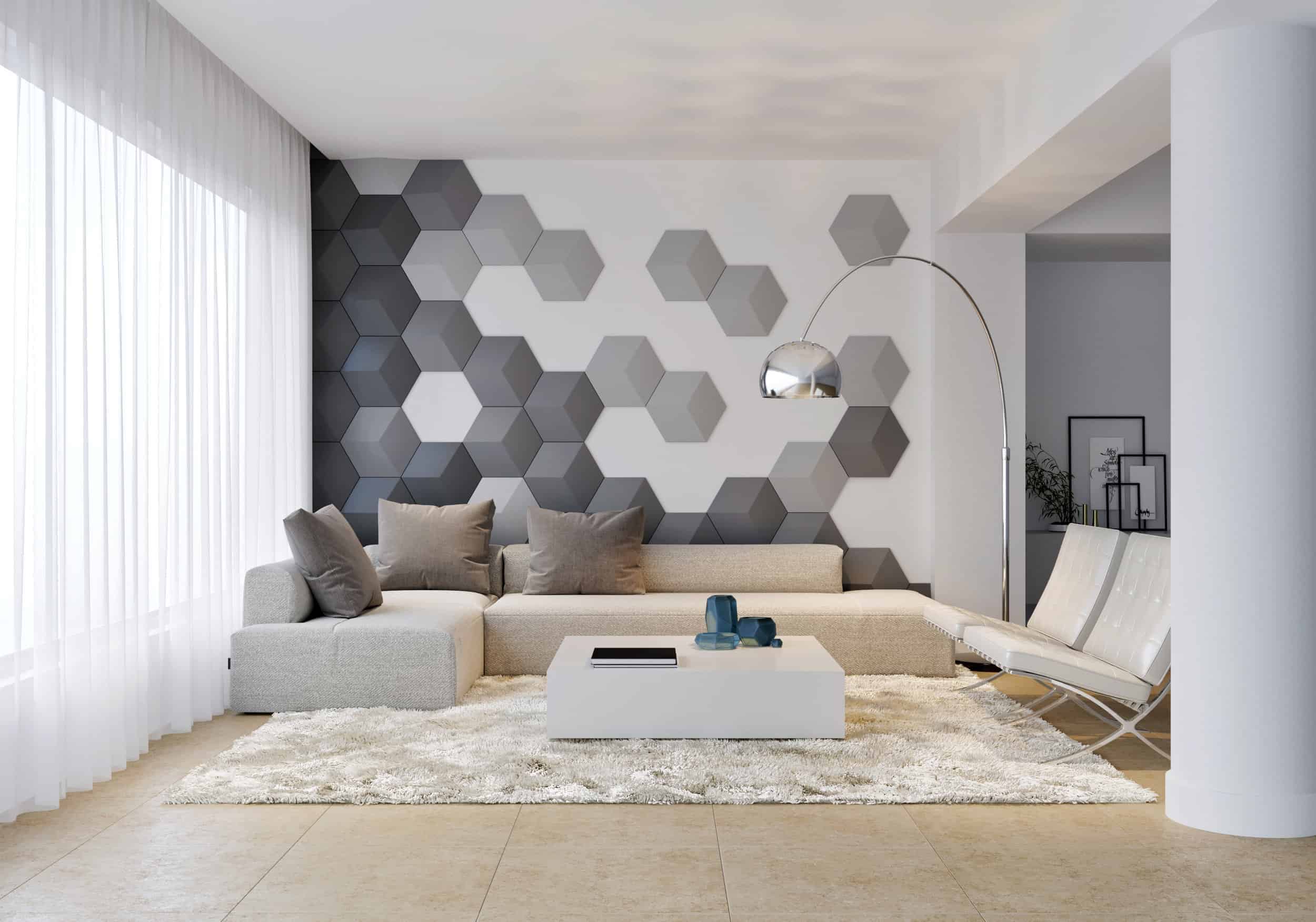 3D wall tiles design with white and grey hexagonal pattern
