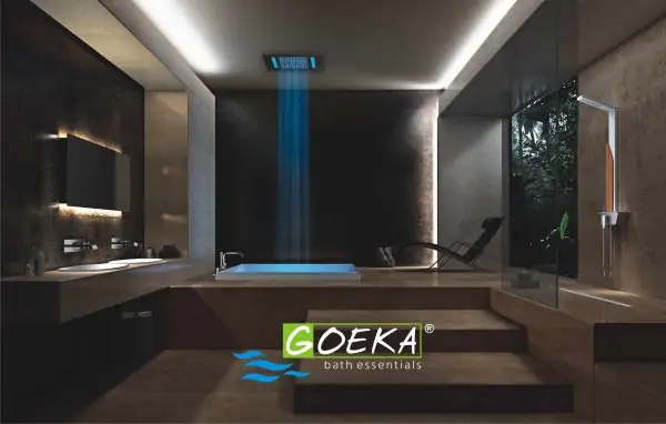 goeka bath essentials - bathroom fittings and accessories brand, luxury bathroom with ceiling rain shower