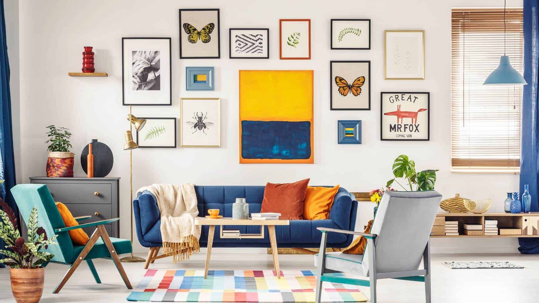 living room wall design with artwork; gallery wall in living room