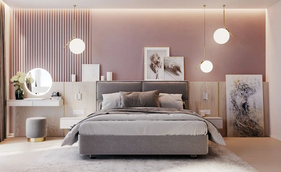bedroom design with dusty pink wall paint