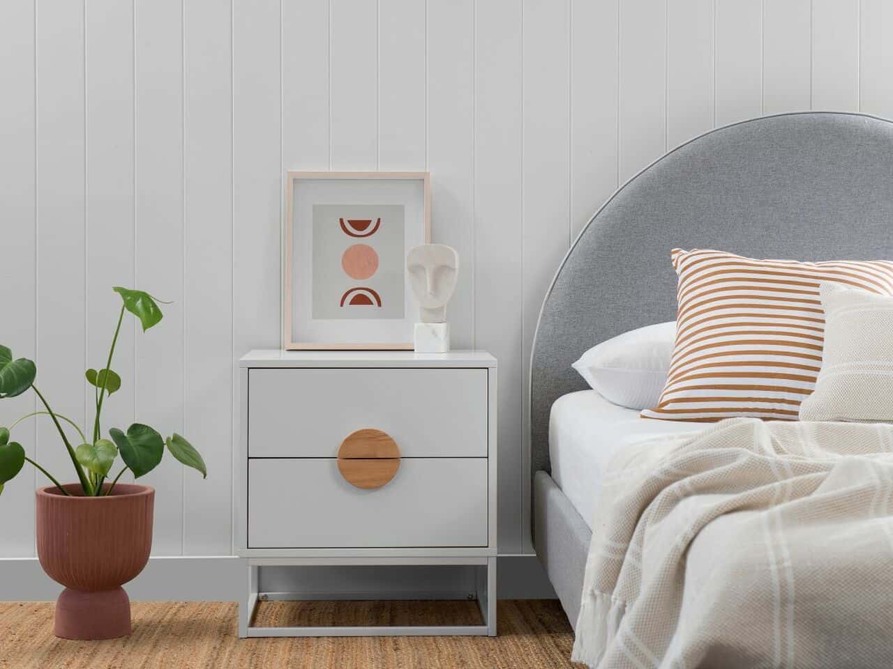 white coloured wooden bedside table design for bedroom decor