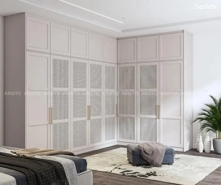 White and glass L-shaped closet for bedroom