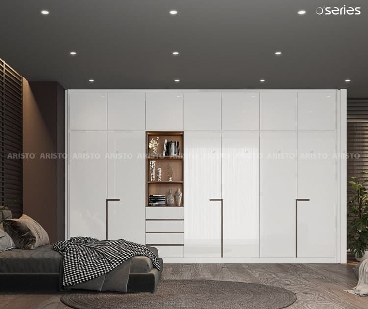 Glossy white openable storage furniture for bedroom