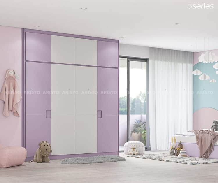 Lilac and white floor-to-ceiling kids openable wardrobe by Aristo