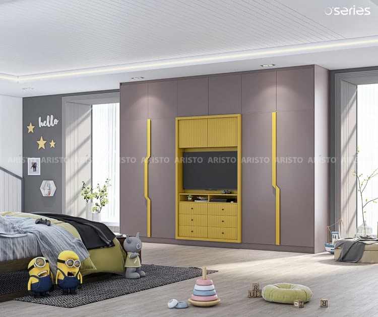Grey and yellow wall-to-wall kids closet design
