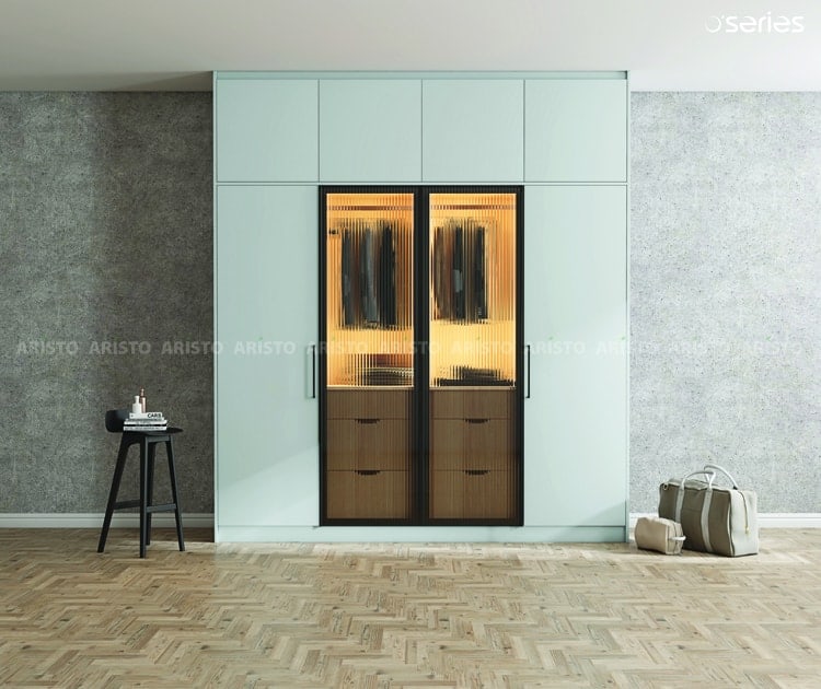 Light shade wardrobe design with glass doors