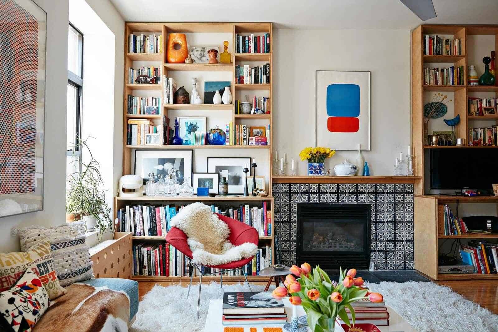 colourful living room decor with bookshelf on wall design