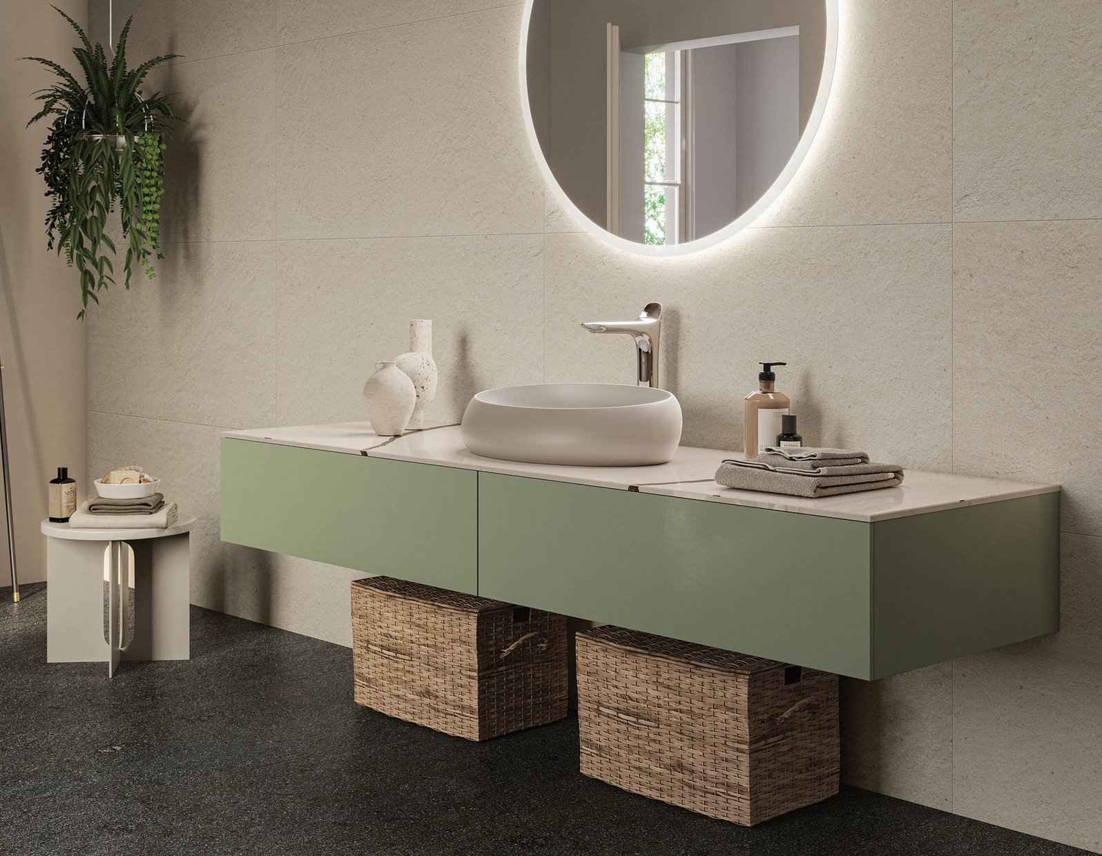 beige bath space with green cabinets, round mirror with LED lights, washbasin and wall tiles