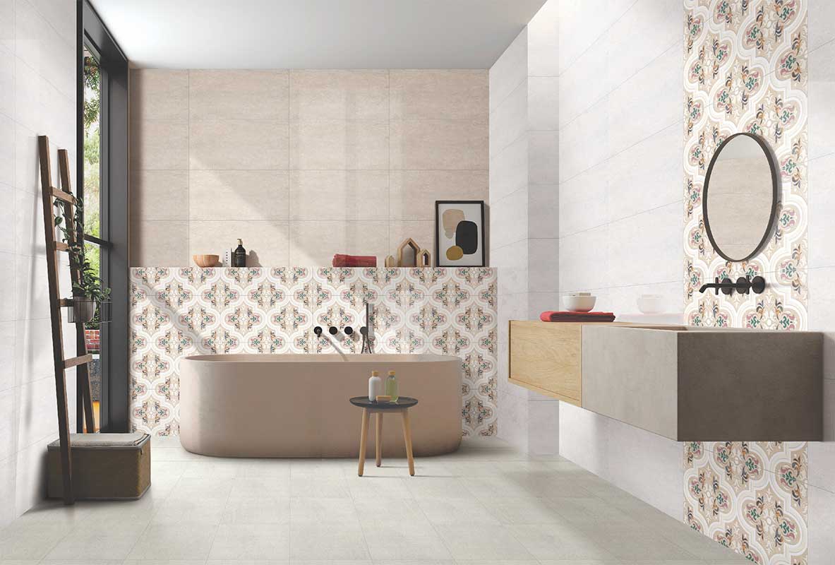 beige bath space with bathtub, washbasin, ladder and wall tiles