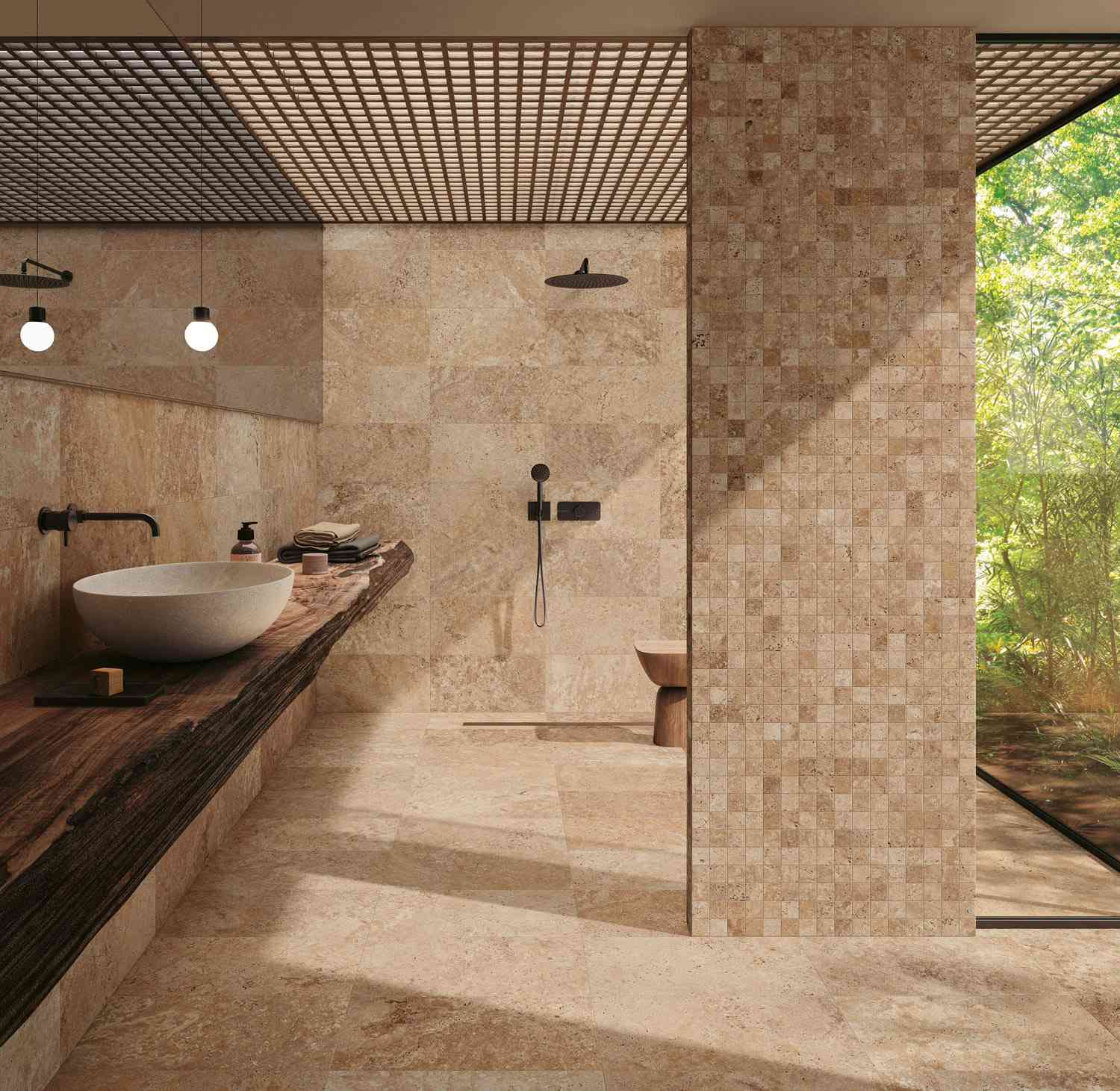 brown bathroom with washbasin, taps and shower