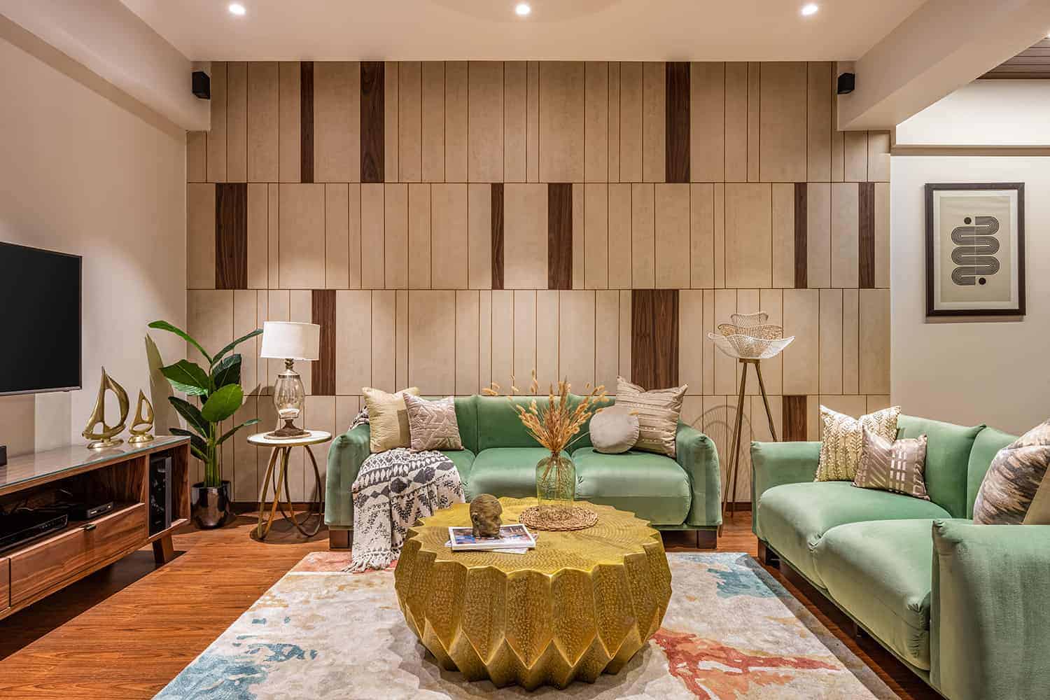 stunning living room with green sofa, rug and yellow table