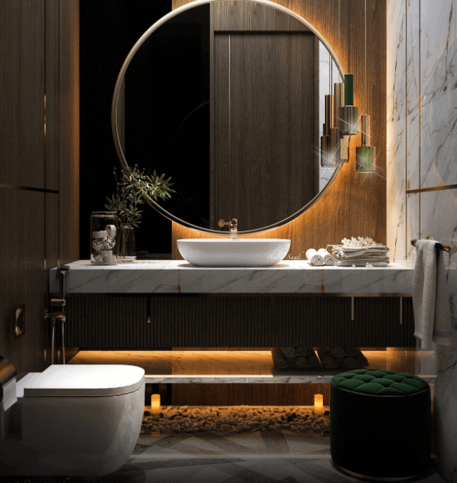 Pure white modern toilet, mirror with concealed lighting, table top sink