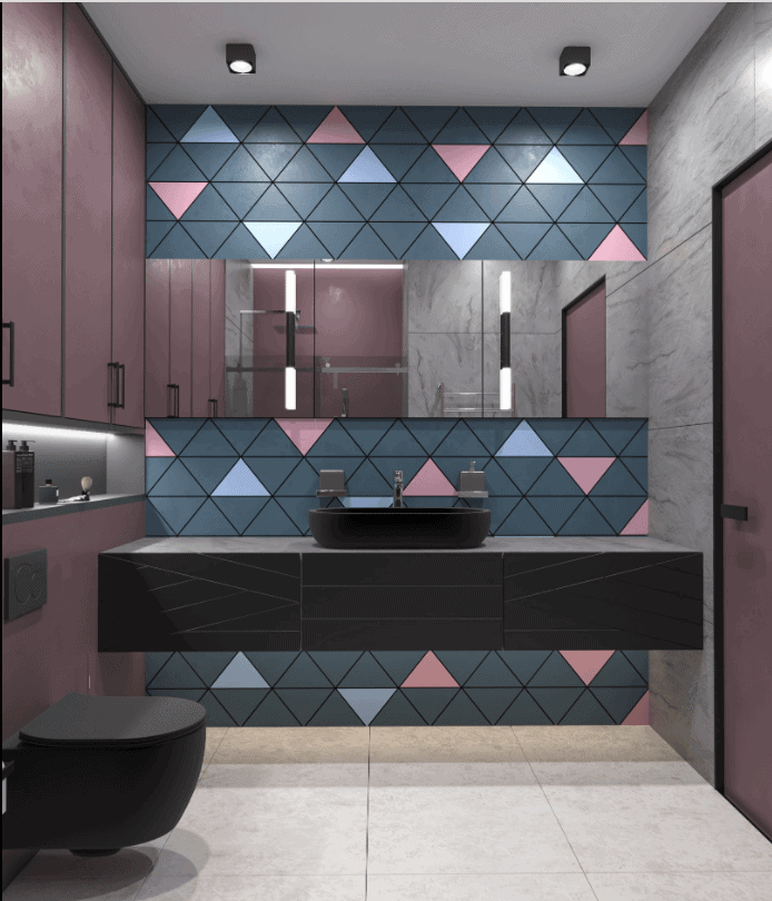 graphic design wallpaper. matte black sink on a wooden base.