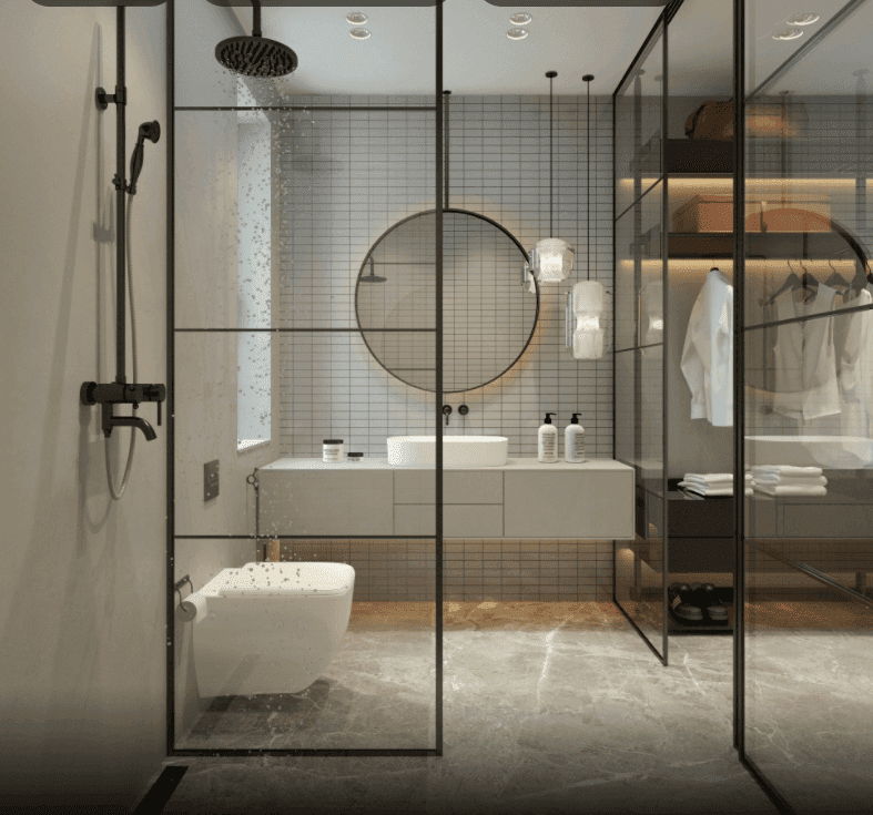 glass shower door, circular mirror, white bathroom acccents, matte black shower set
