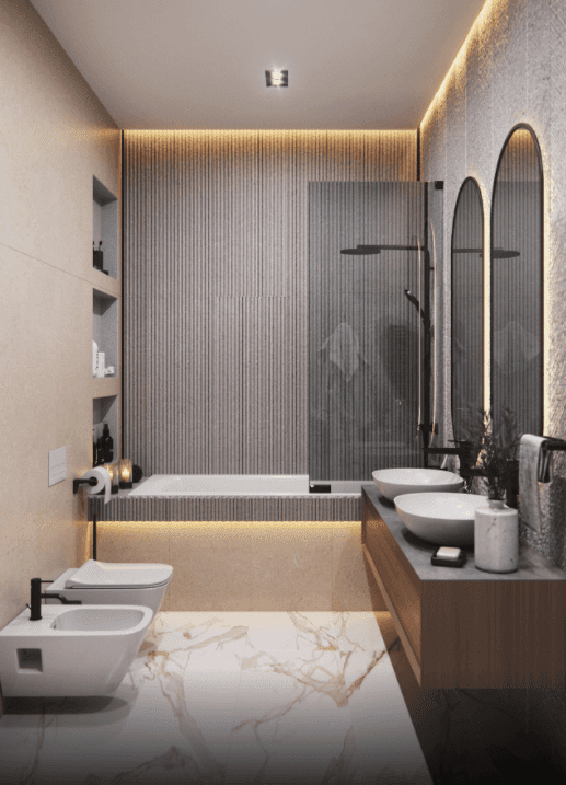 Orange lit up ceiling, bath tub with lighting, compact shelves