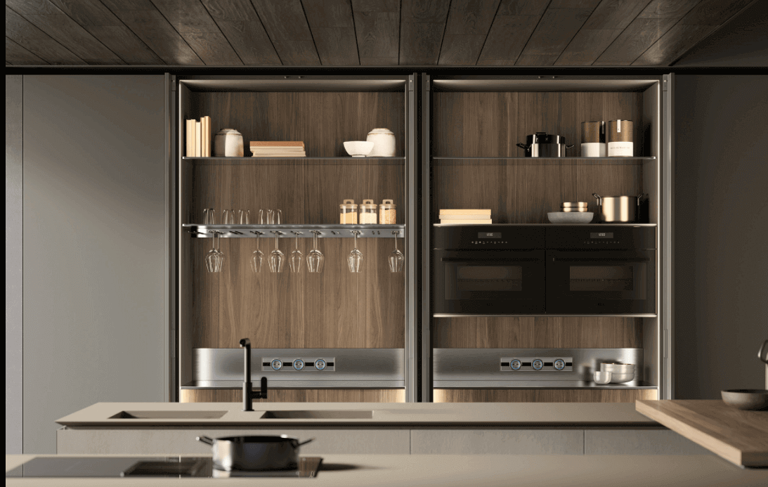 Neatly organized kitchen storage, island kitchen table