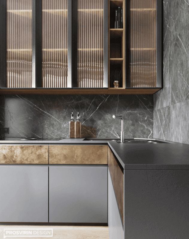 Modern kitchen cabinets, matte black kitchen counter, modern kitchen racks, organized kitchen