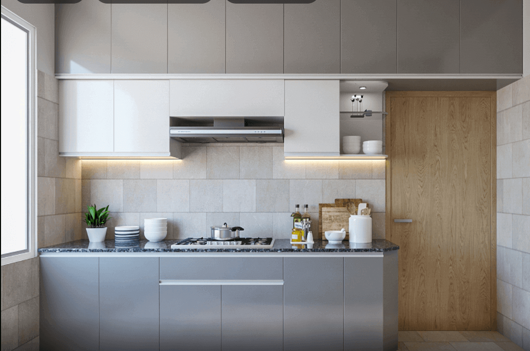 Silver kitchen cabinets, modular kitchen