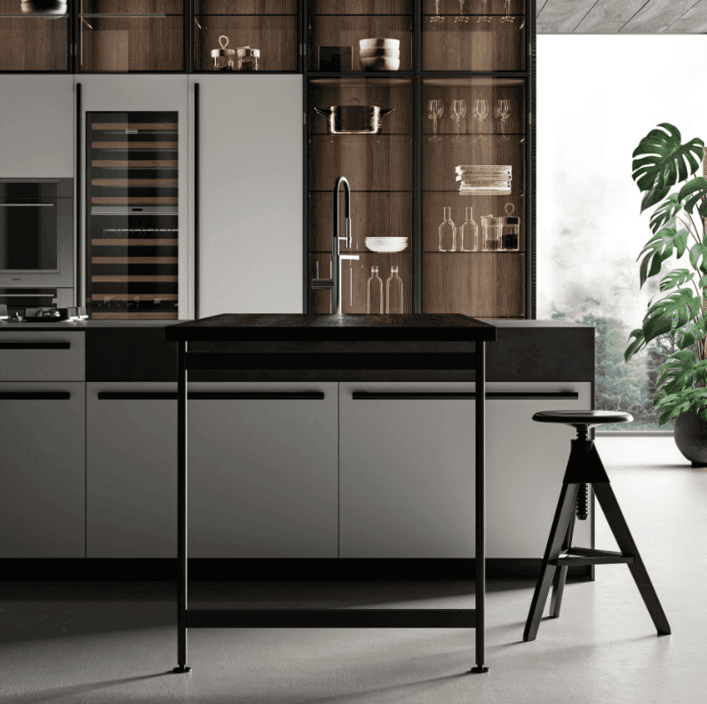 Glass kitchen cabinets, glass cutleries, modern kitchen counter