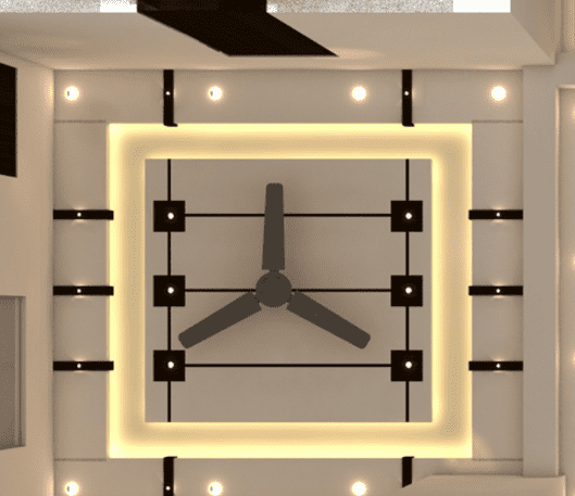 Modern ceiling design with lights, gray fan, square design ceiling