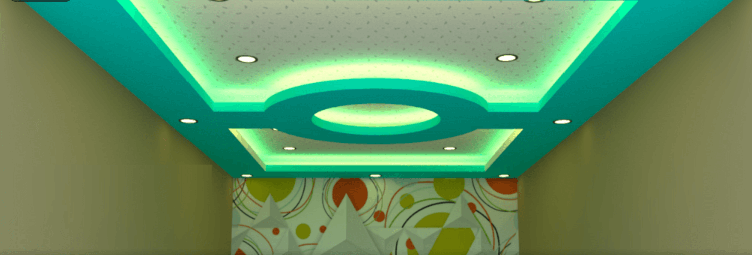 Neon green lit up ceiling, POP green ceiling design, fun wall art