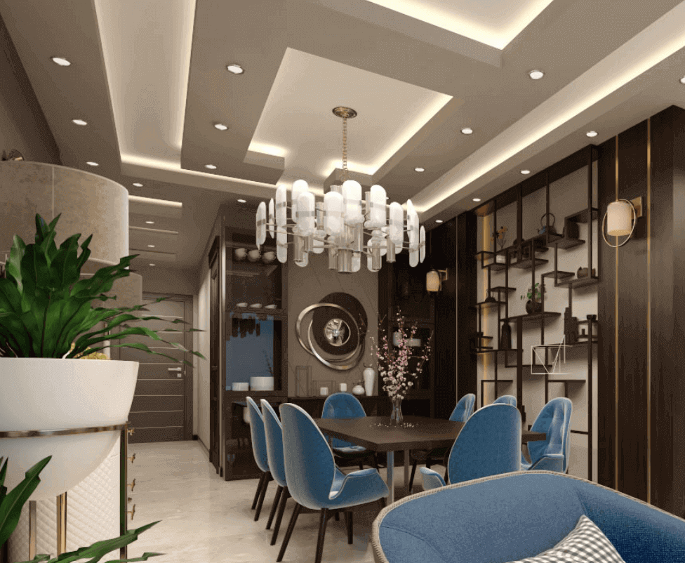 Dining table with modern blue chairs, ceiling with pin lights, bright chandelier, indoor plants, modern interiors