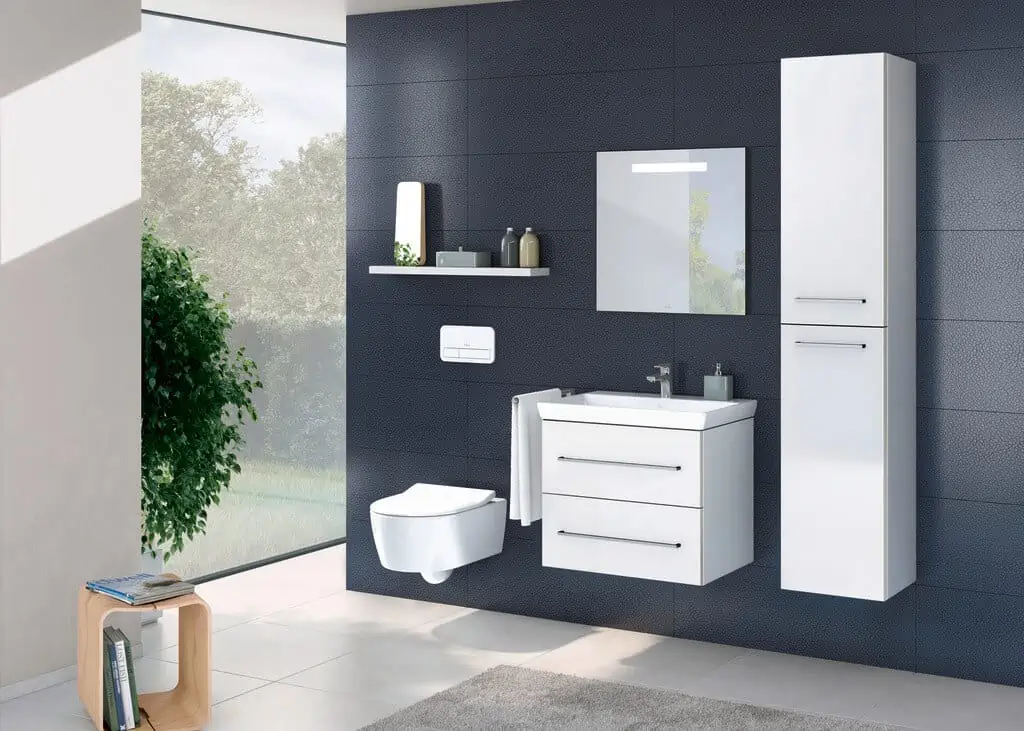 modern bathroom furniture in while colour by Villeroy & boch, vanity washbasin, acrylic bath, wall mounted wc