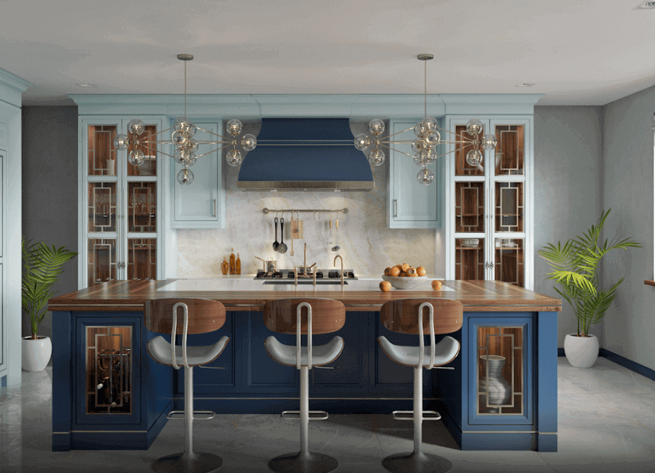 blue cabinets, swivel chairs, modern kitchen counter, indoor plants