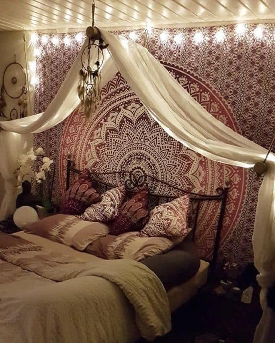 beautiful tapestry behind bed