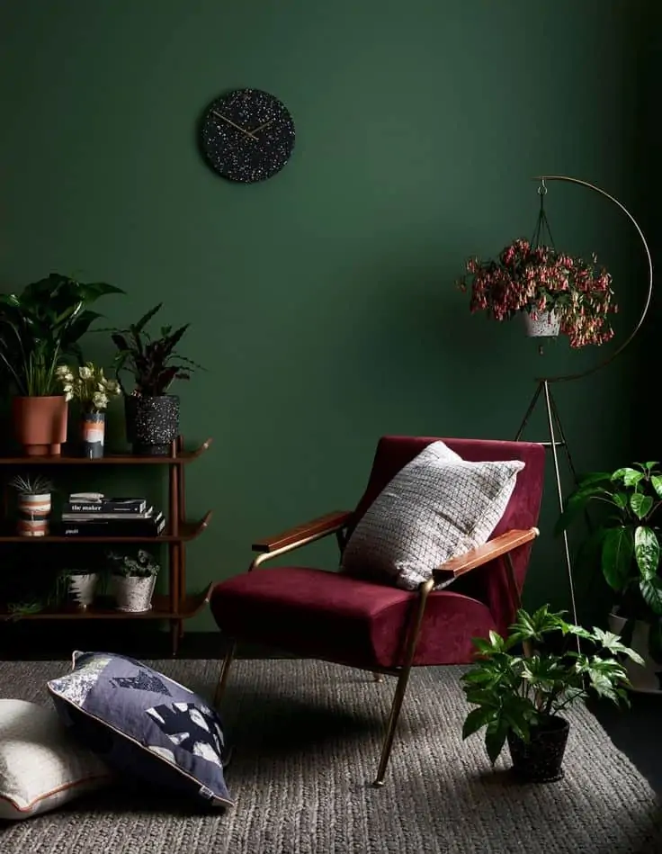 A jewel green room with a contrasting maroon chair and plants