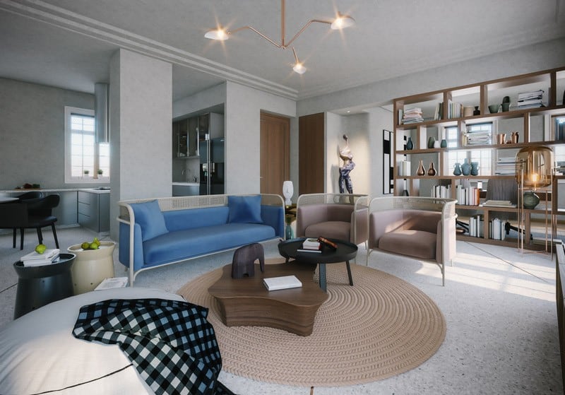 living room with blue couch, sofa, rug and chandelier