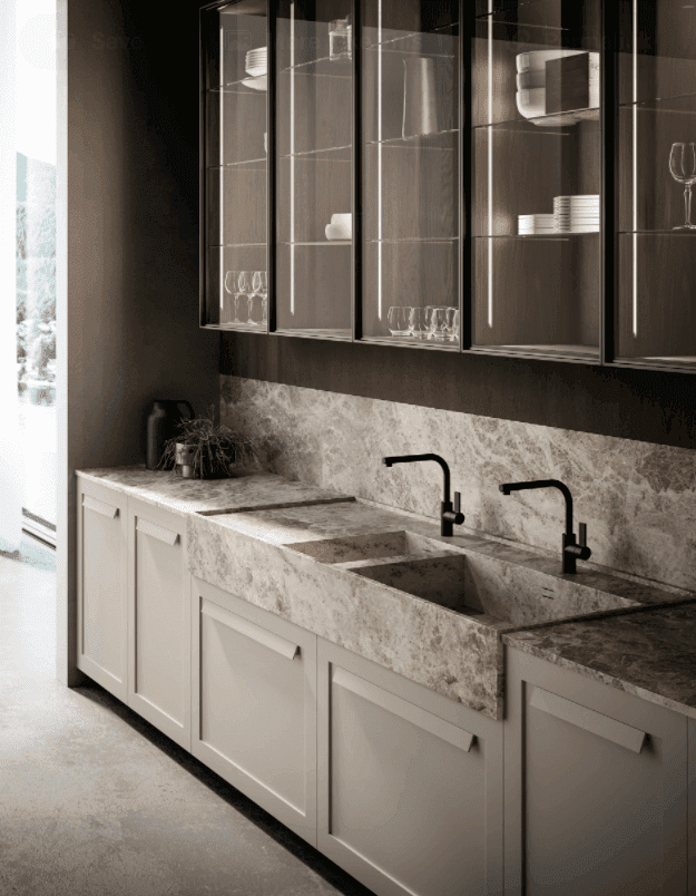 Earthy color kitchen, modern sink, glass kitchen cabinet