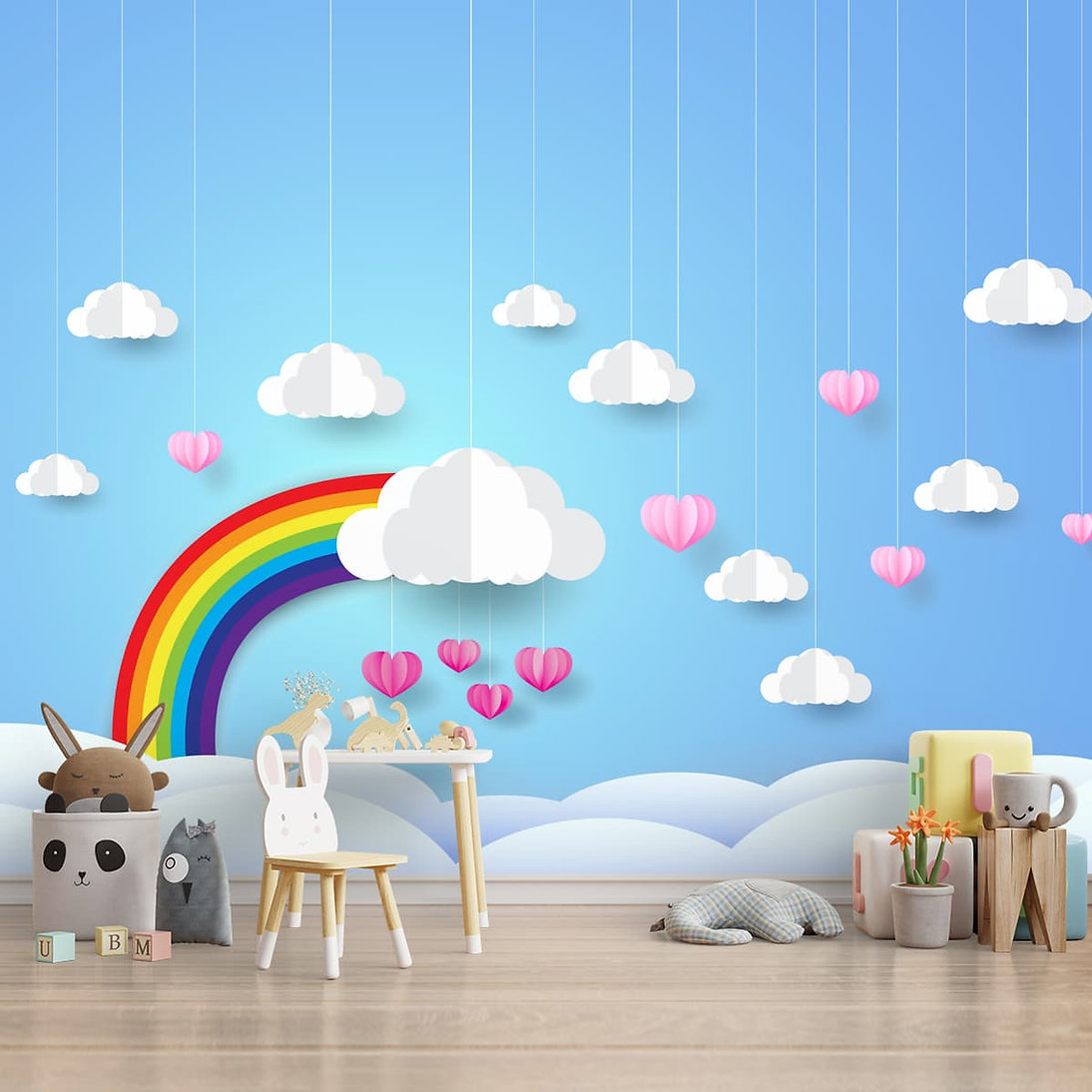 wallpaper in a kids room of blue sky with clouds and rainbow