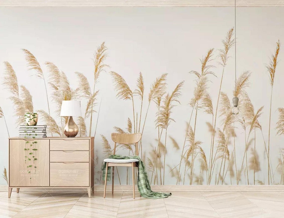 3d reed wallpaper in a living room with a table and chaiir