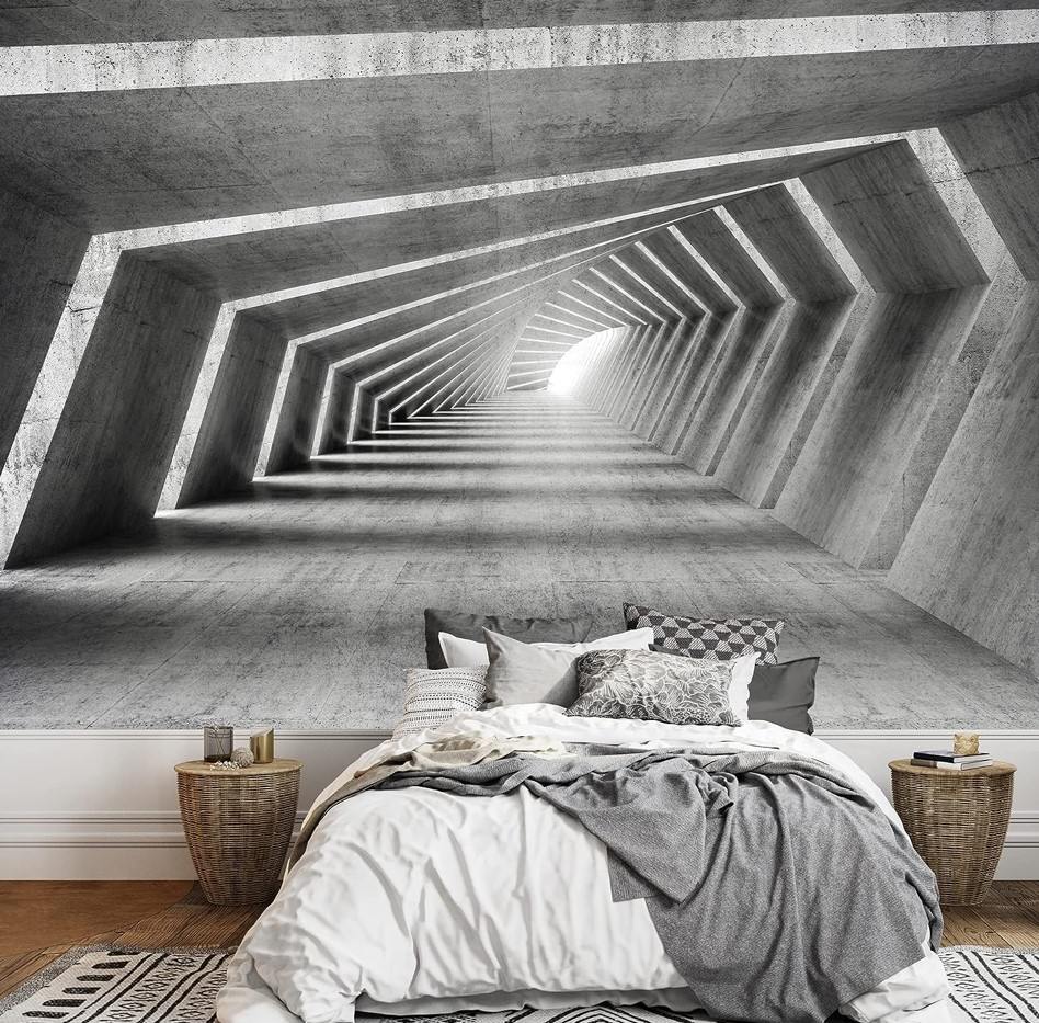 concrete tunnel wallpaper in a grey bedroom with a bed