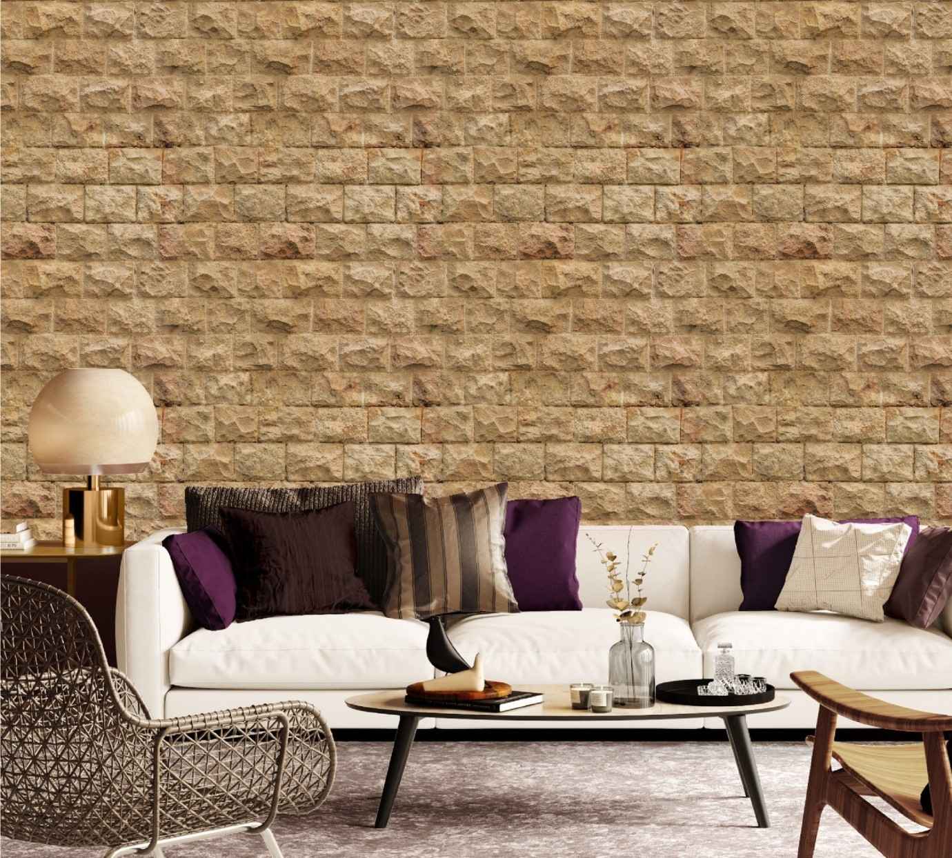 a living room with a brown brick wall wallpaper