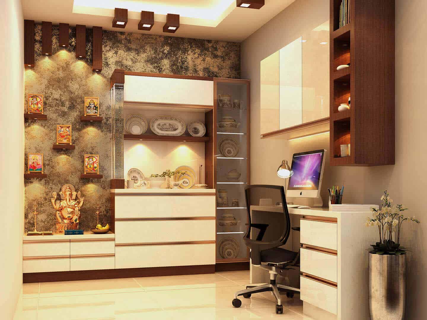 Stylish mandir design for living room wall for a modern home without a door
