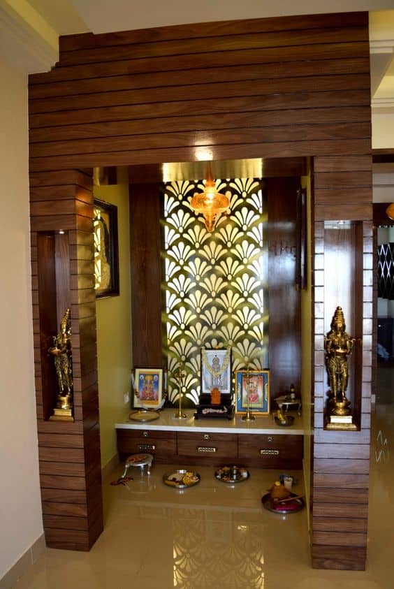 brown Stylish mandir design for living room wall for a modern home with decorative lighting
