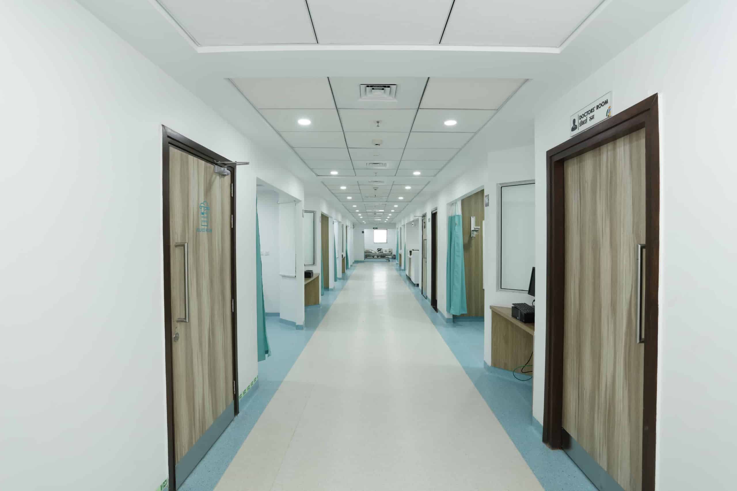 High impact performance Gyproc Drywalls used in corridors of a healthcare facility, design by Hosmac and architect Prasanna Wategaonkar