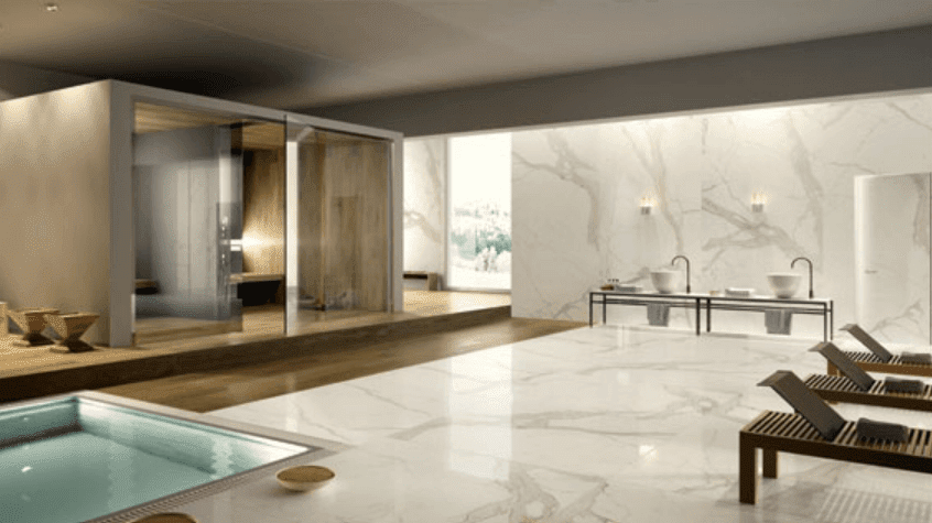luxury bathroom, grand tiles, spa, indoor pool, large white wall tiles
