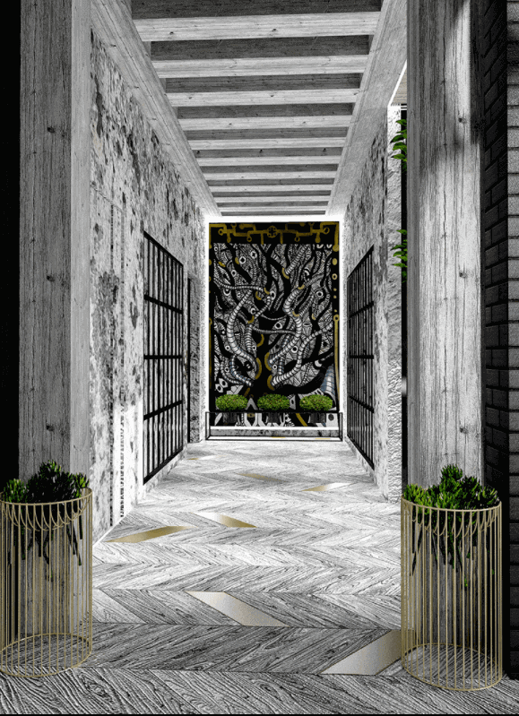 Graphic tile design, black and white tile, stunning wall art, indoor plants