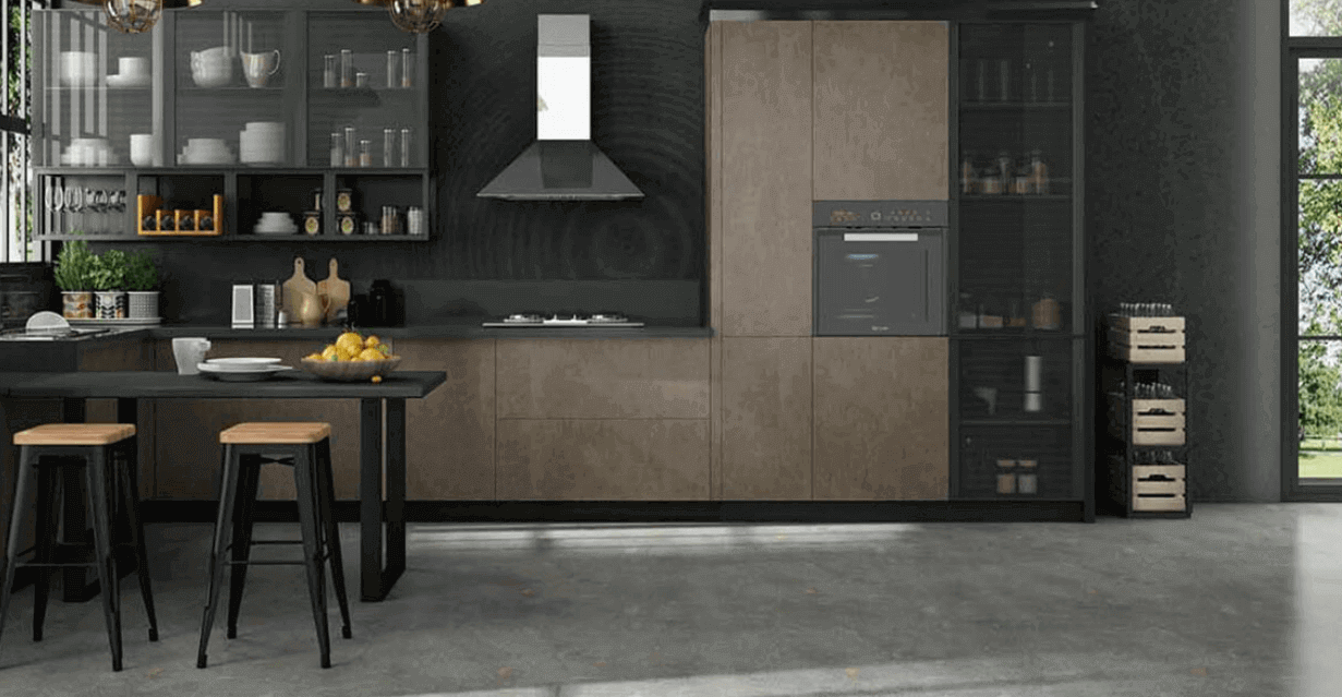 Gray flooring, Modern kitchen, dark theme kitchen, modular kitchen, kitchen chimney, kitchen table, kitchen stools
