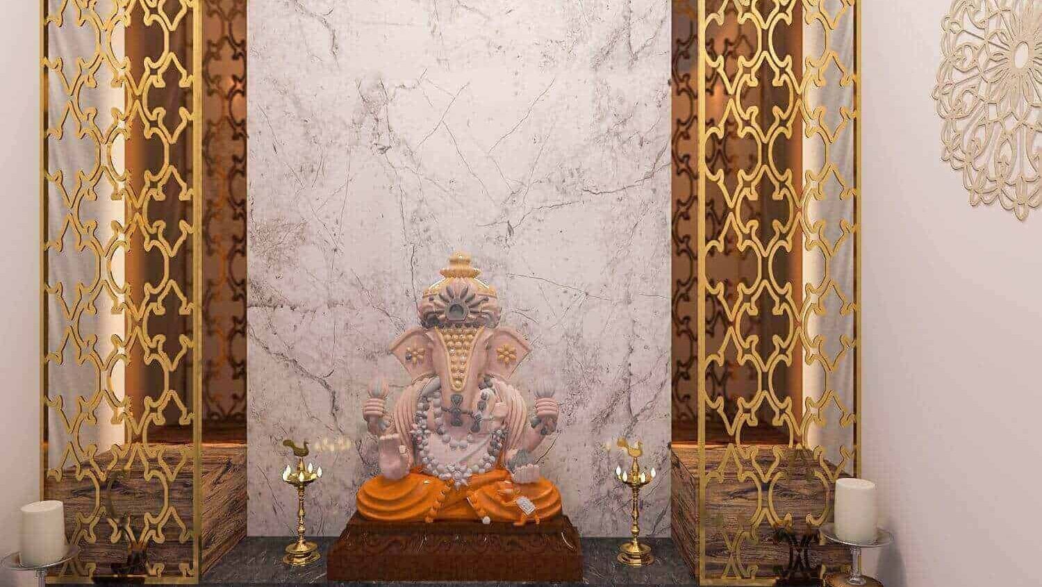 white stone temple, U shaped mandir platform, ganesha idol, wall marble mandir design for hall