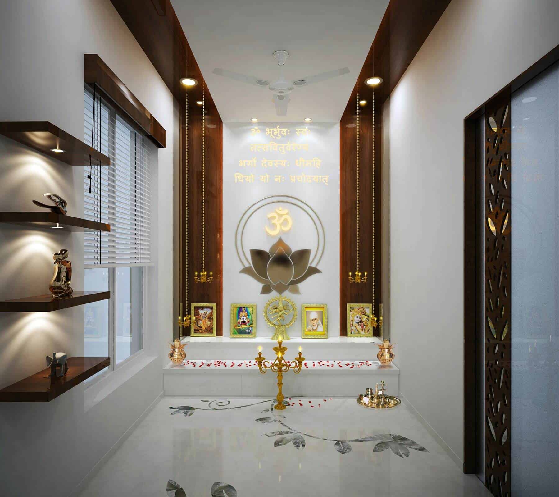white prayer room with brown accents