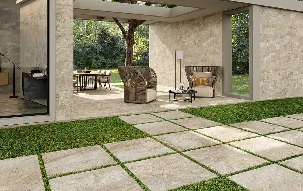 Outdoor tiles with grass backyard
